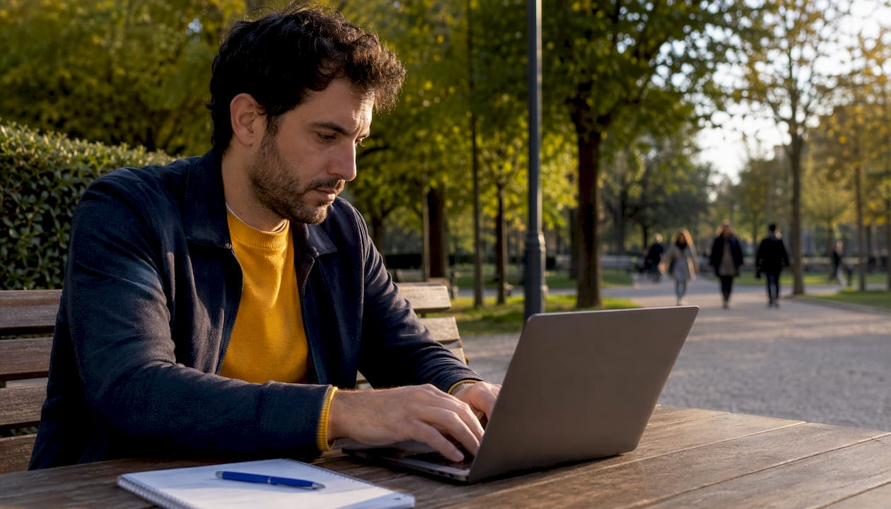 Uomo che cerca informazioni sulla partita IVA online dal proprio computer