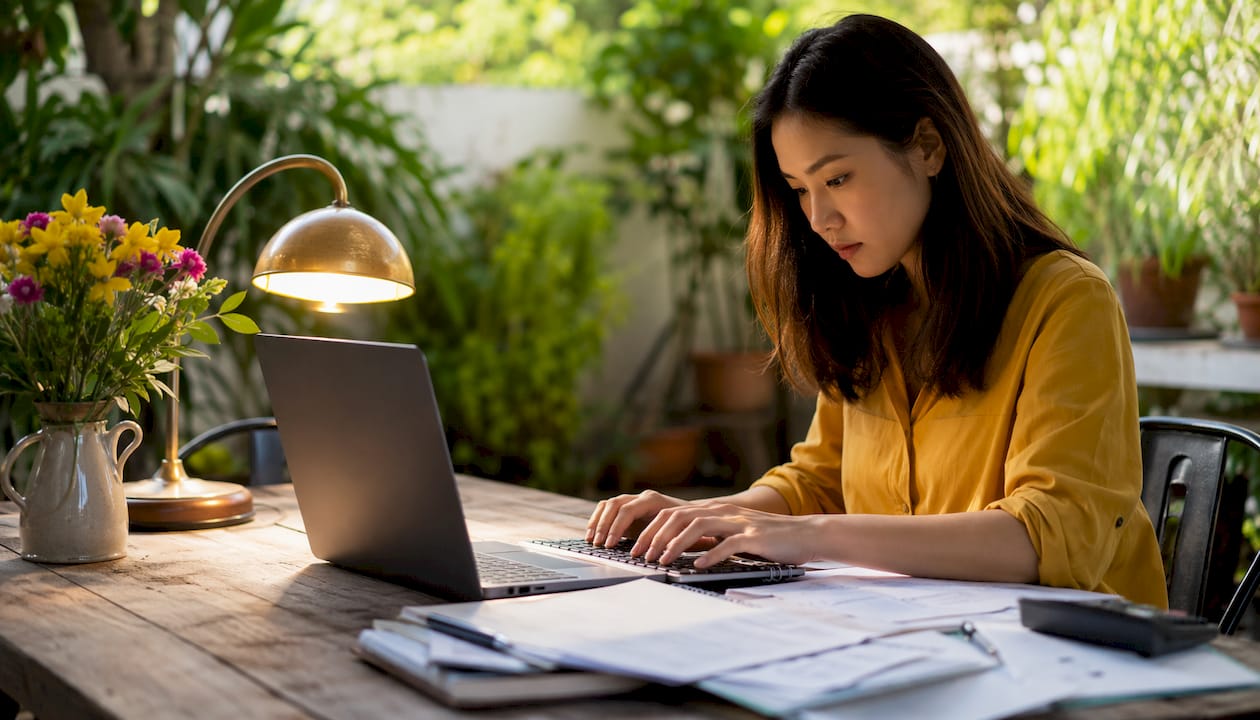 Una donna lavora al computer nel suo ufficio di casa, digitando sulla tastiera con attenzione.