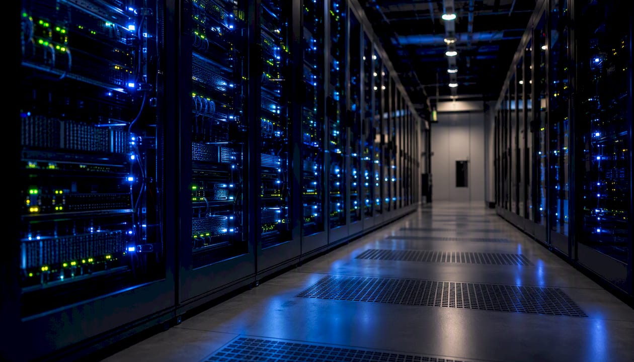 Scaffalature di server con luci lampeggianti all’interno della sala archivio