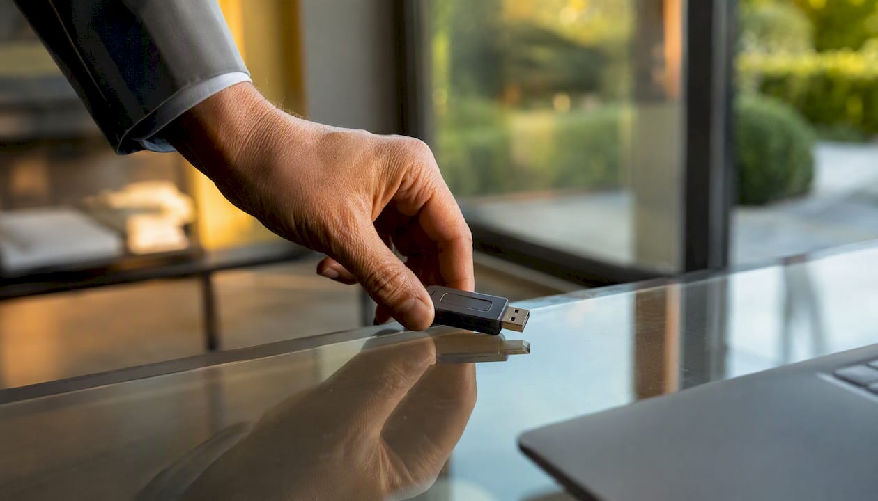 Una mano appoggia una chiavetta di sicurezza USB sulla scrivania.