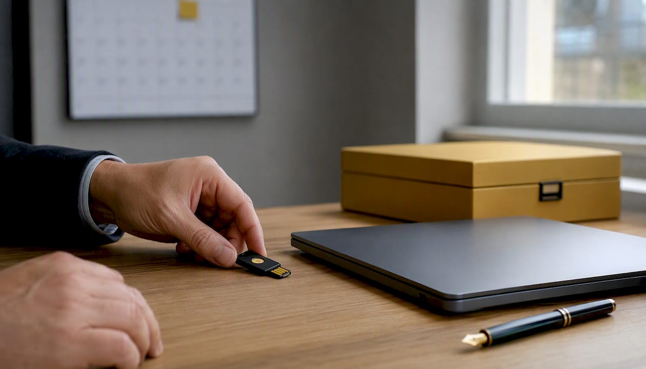 Una mano appoggia una chiavetta di sicurezza USB sulla scrivania.