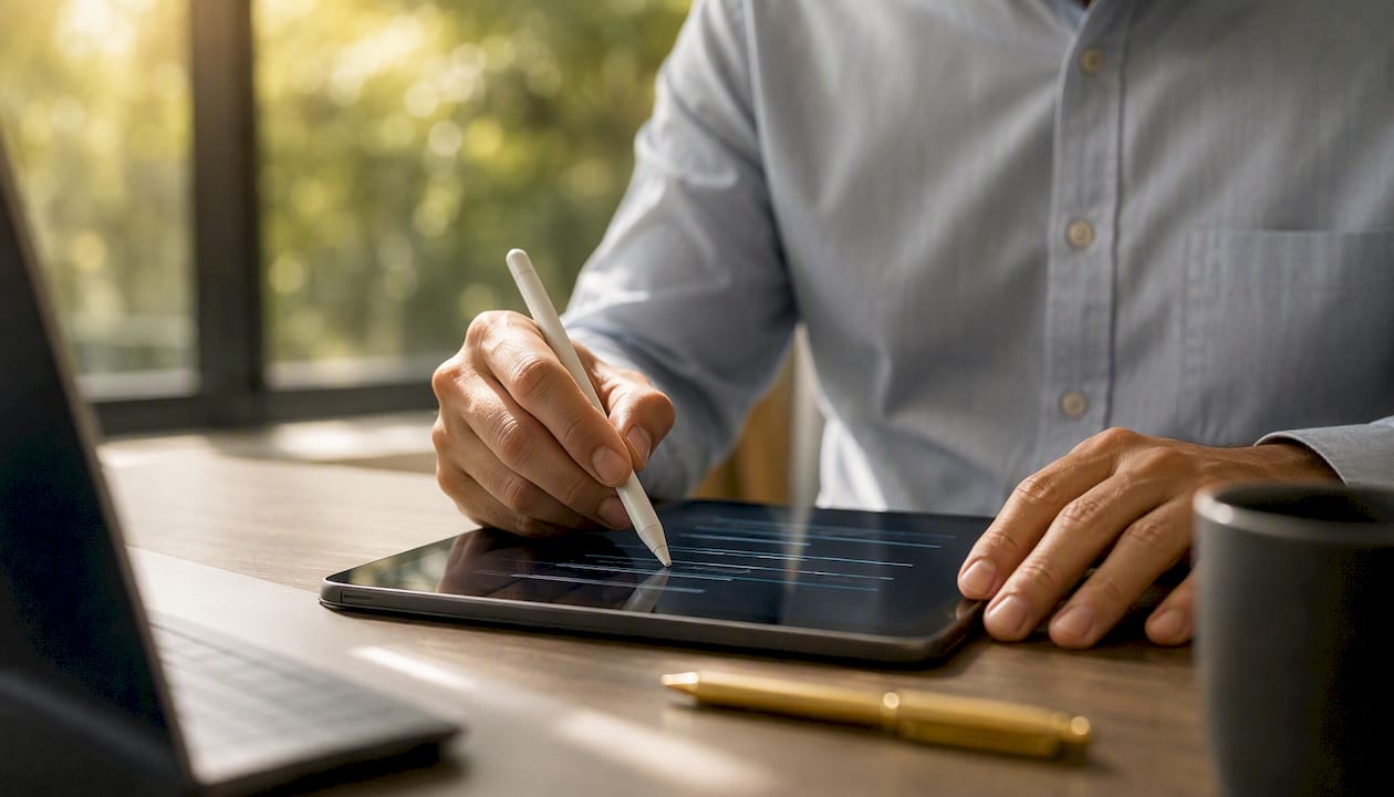 Mani che lavorano con dati anonimizzati su un tablet