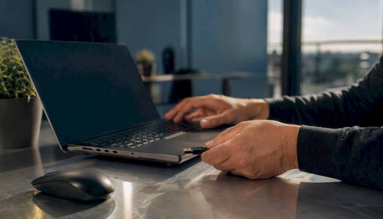 Mani che aggiornano dati aziendali sensibili in modo sicuro utilizzando un token USB
