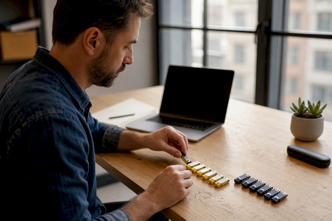 Mani che sistemano e organizzano i token USB per l’ambiente di test e quello di produzione.