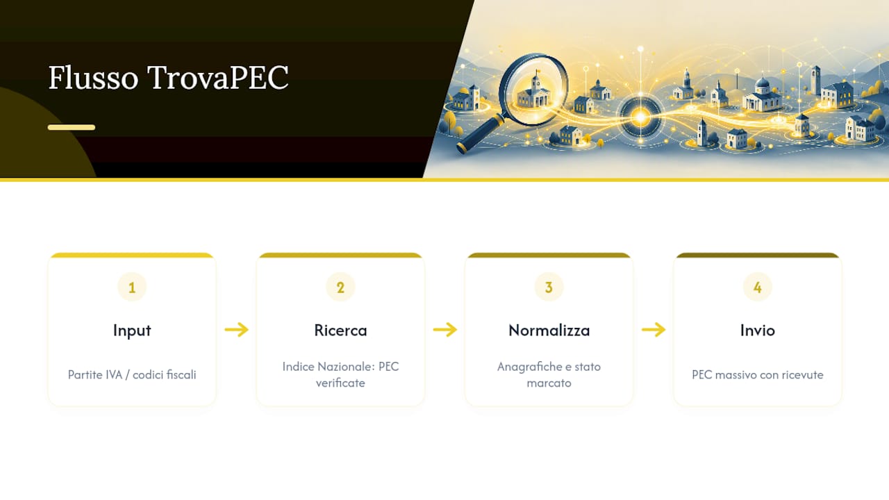 TrovaPEC: ricerca, normalizzazione e invio in un unico flusso — overview diagram