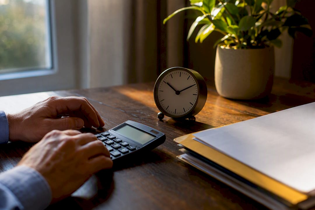 Mani che calcolano contributi finanziari con una calcolatrice