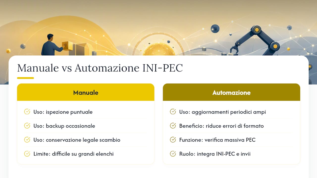 Automazione o esportazione manuale: quale scegliere per gli aggiornamenti INI-PEC — overview diagram